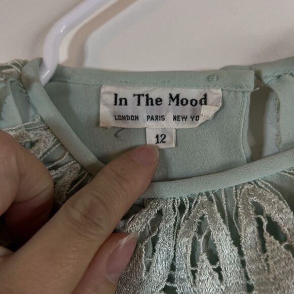 Vintage IN THE MOOD Gray Pleated Dress w/lace collar size 12 Green - Picture 3 of 9